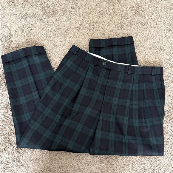 Polo University by Ralph Lauren Green Wool Tartan Plaid Pleated Trouser Pants - Picture 1 of 7